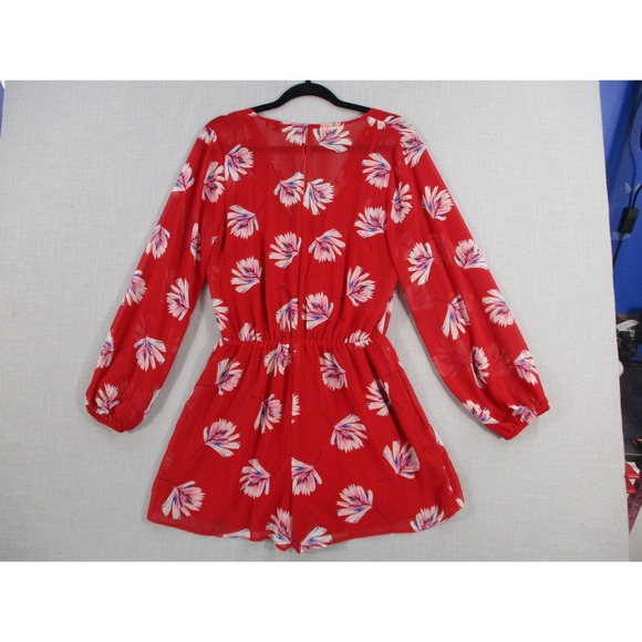Express Red Floral Chiffon Long Sleeve Romper Surplice Wrap Tie Waist Womens M - Picture 13 of 14